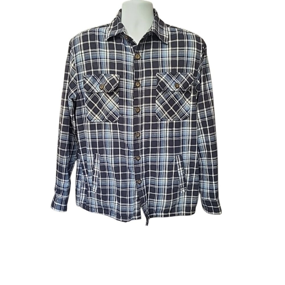 Mens Flannel Shirt Jacket M Blue Plaid Sherpa Lined‎ Chest & Slit Pockets Button